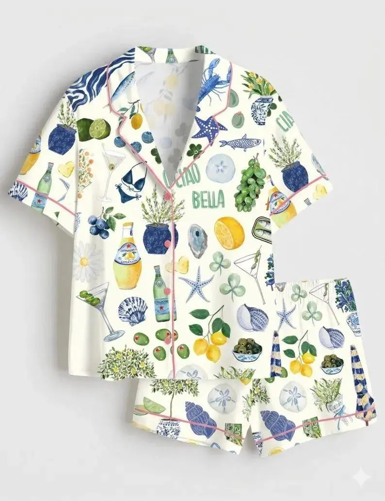 Ciao Bella Italian Summer Women Pajama Set Amalfi Coast Lemon Seashell Martini Print Loose Comfy Short Sleeve PJs Mediterranean Coastal Sleepwear