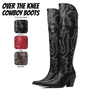 Womens Cowboy Boots Embroidery Over the Knee High Boot Pointed Toe Chunky Block Heels Comfy Wide Calf Long Tall Pull On Outdoor Party Country Wedding Concert Festival Casual Cowgirl Shoes Black
