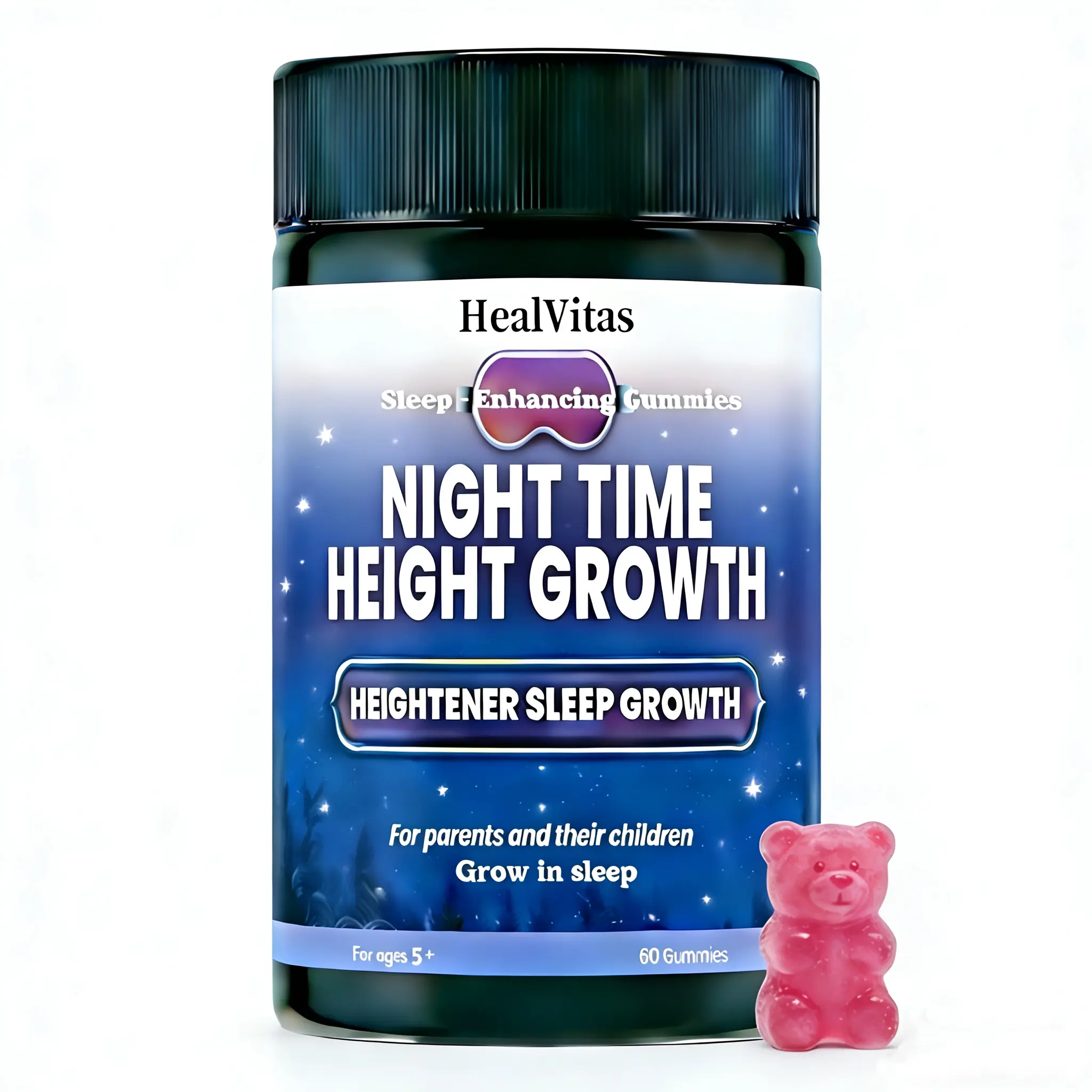 HealVitas Family Night Time Vitamin Gummies - 60 Fun Chewable Bears, Prop 65 Safe, Basic Gentle Calming Dietary Supplement for Parents and Children Ages 5+, Contains Vit D3, Easy Daily Body Health Addition