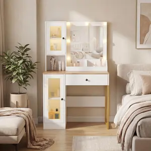 Garvee Makeup Vanity Desk with LED and RGB Lights, Mirror, 3 Color Modes, Large Drawers, USB Charging Station, Available in White, Wood, and Pink, Ideal for Bedroom Decor