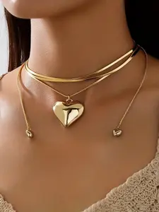 Stylish High-End Heart-Shaped Pendant Necklace, Fashion Necklace, Ccb Love Heart Faux Leather Cord, Layered Wearing, Elegant Women's Jewelry