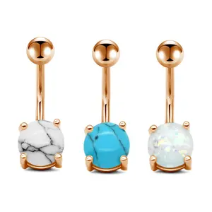 OIDEA 3PCS 14G Belly Button Rings Set, 316L Stainless Steel Body-Safe Piercing Jewelry with Imitation Opal Turquoise, Rose Gold Tone