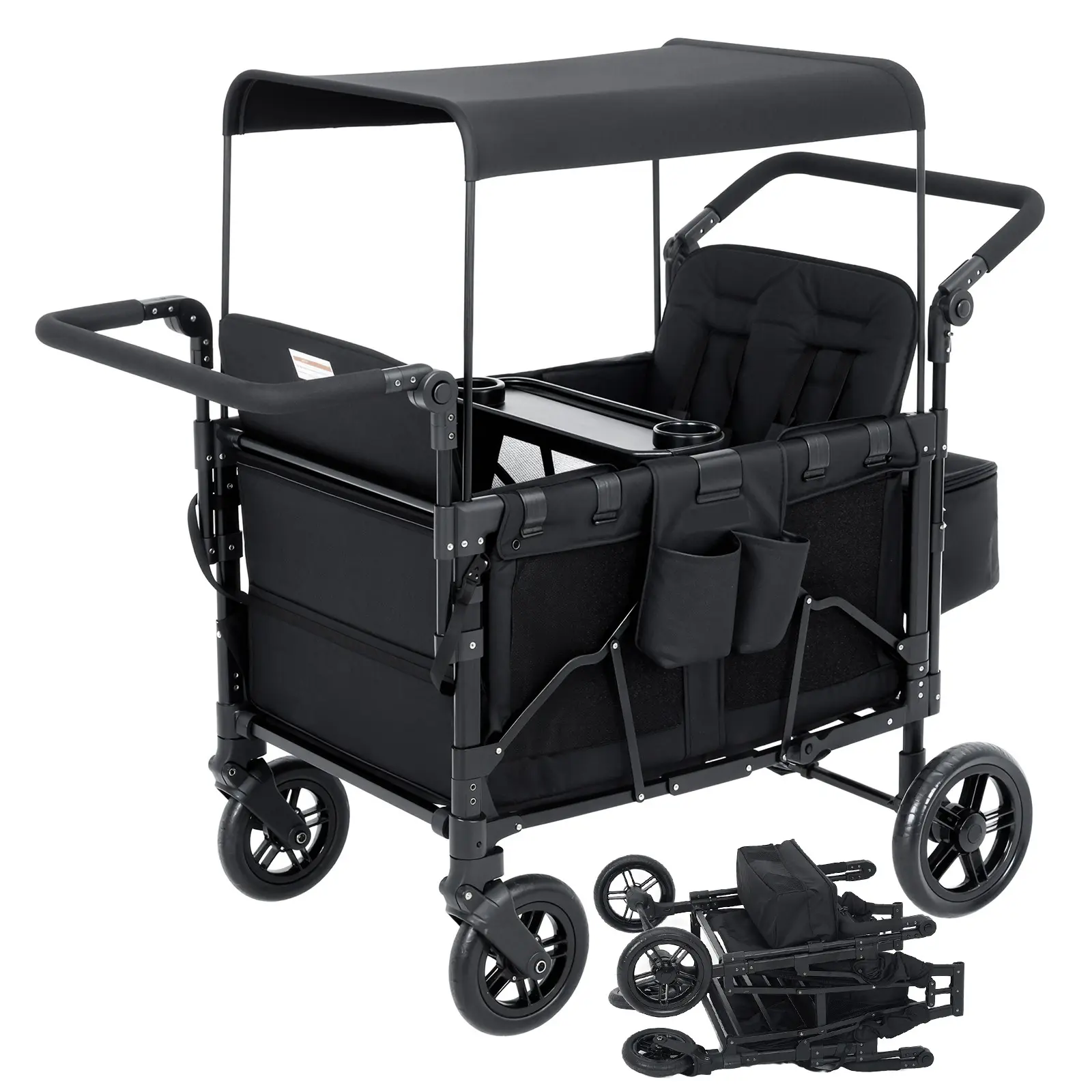 4 Seater Stroller Wagon, Premium Quad Wagon for 4 Kids with Adjustable Push/Pull Handles, All-Terrain Casters, Removable Canopy & Flat Fold Design, Black