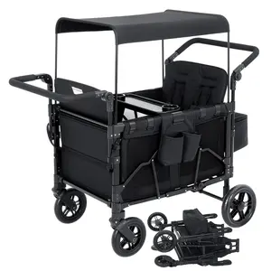 4 Seater Stroller Wagon, Premium Quad Wagon for 4 Kids with Adjustable Push/Pull Handles, All-Terrain Casters, Removable Canopy & Flat Fold Design, Black