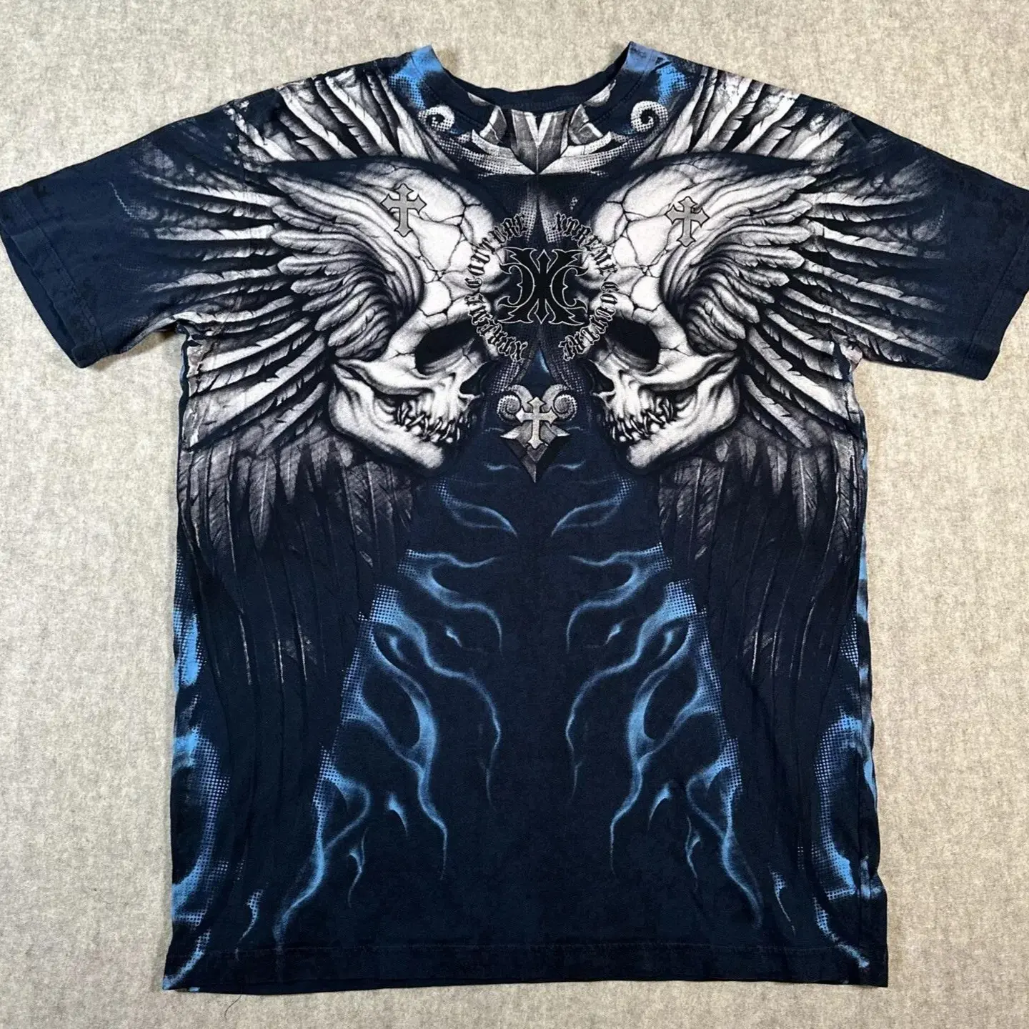 Affliction Xtreme Couture Navy Blue T-shirt Large Double Skulls Cyber Goth Y2K Crew Neck Short Sleeve Top Men Clothing Print Trendy Graphic T-shirts