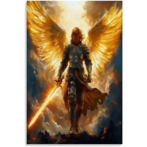Archangel Michael Canvas Wall Art, Warrior of God Divine Wings Framed Poster, Archangel Christian Wall Decor, Angel Battling Satan Decor20x30inch(50x75cm)