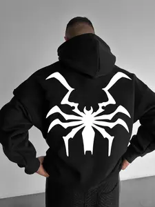 Men's Regular Fit Spider Print Drawstring Graphic Hoodie, Casual Pocket Long Sleeve Hooded Sweatshirt, Men Clothes for Fall & Winter Daily Wear, Casual Hoodie Pullovers, Casual Hooded Sweatshirts