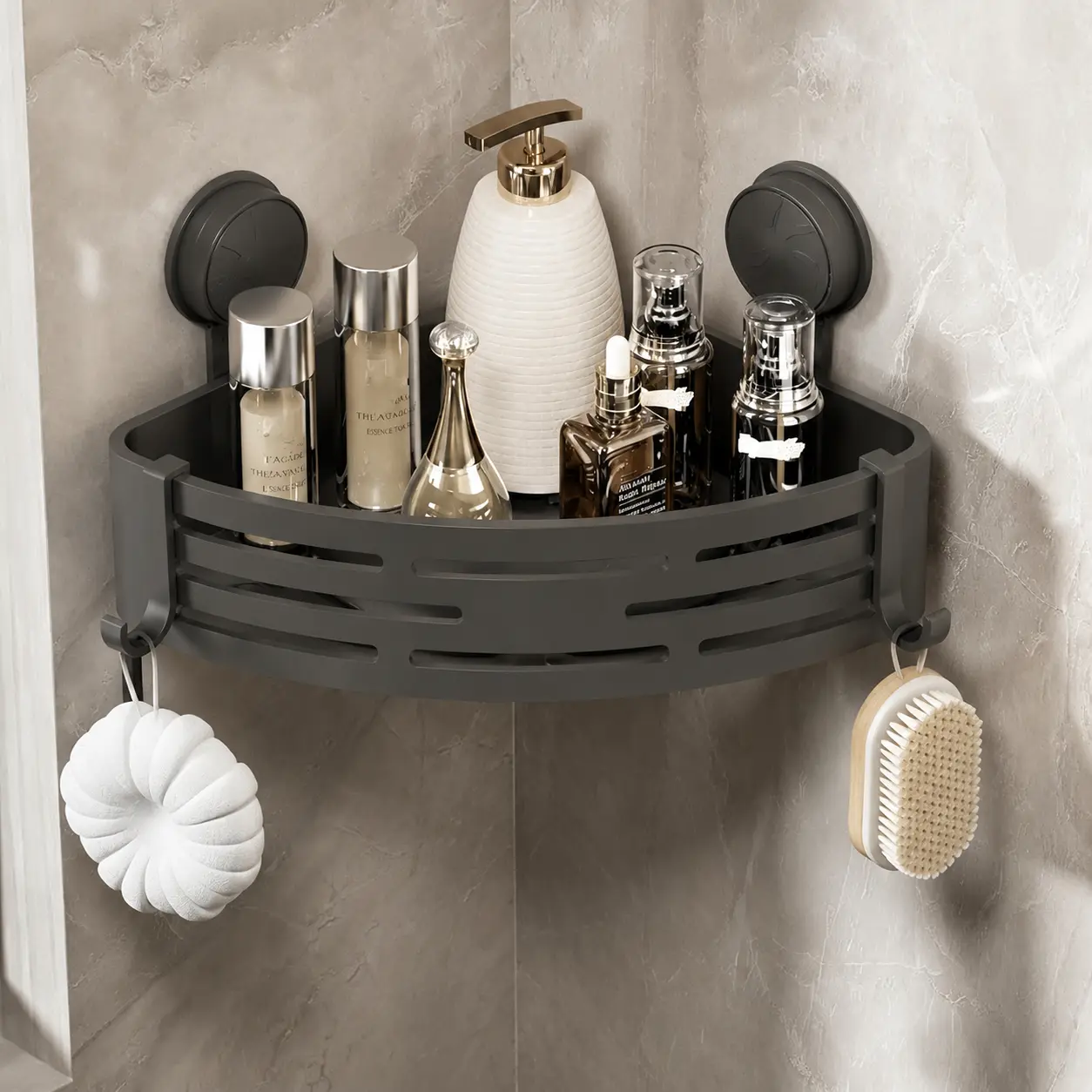Gray 3-Pack Aluminum Corner Shower Rack Set - 8.6x11.5x5.7in No-Drilling Suction Cup Wall Mounted Organizer with Adjustable Bracket, Towel Bar for Smooth Marble Toiletries, Bathroom Accessories Organizer, Corner Mount