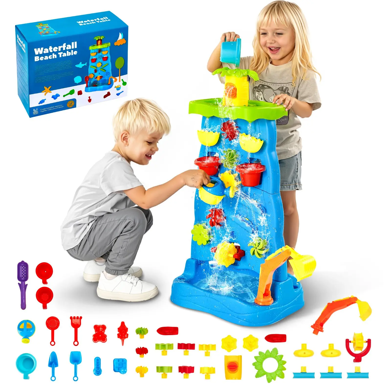 【DealsForYouDays】 VEVOR Sand and Water Table for Toddlers, Double-Sided Kids Activity Waterfall Playset with 37PCS Accessories, Kids Activity Sensory Table, Outdoor Summer Sand Water Play Table for 3+ Years Boys Girls