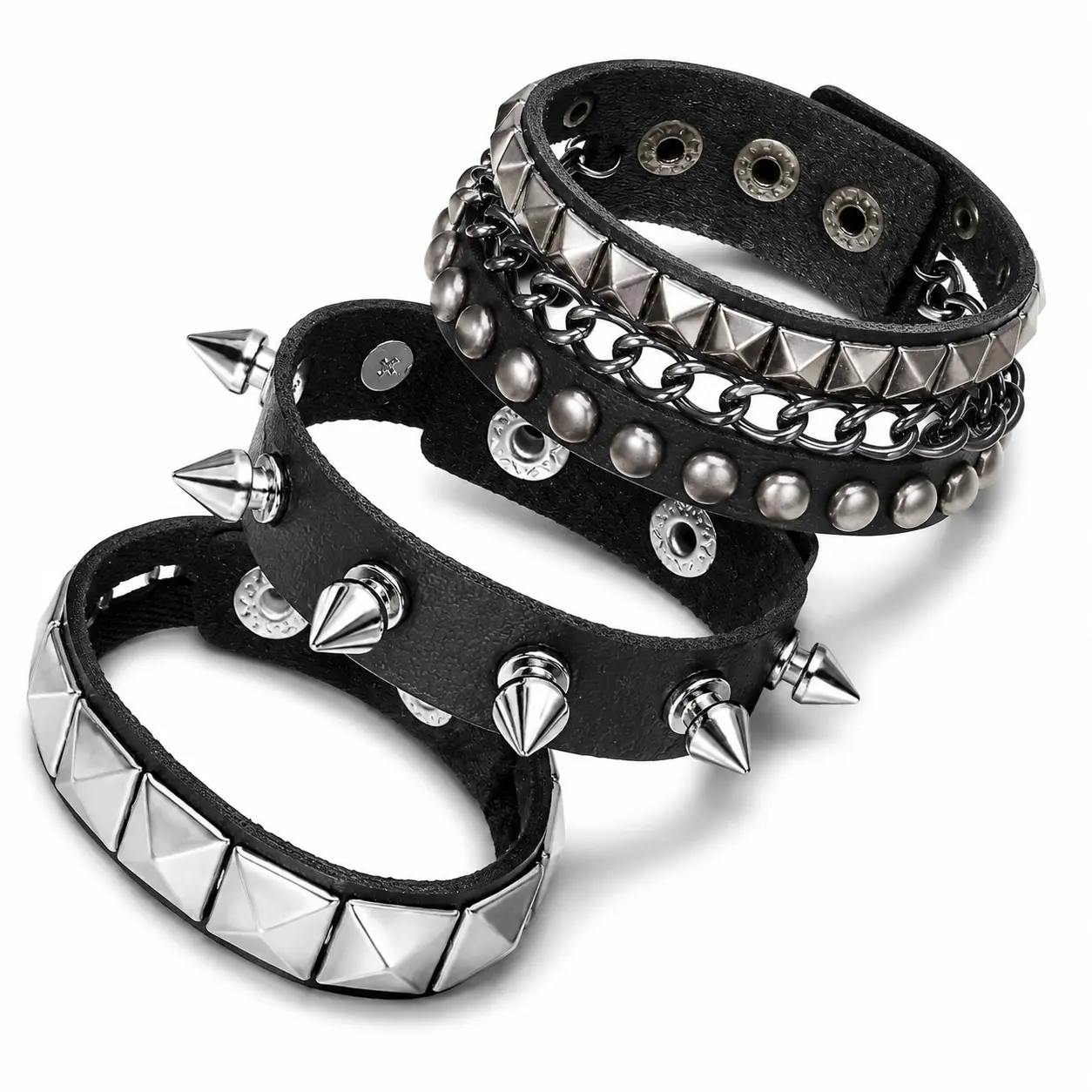 Punk Rock Leather Bracelets, 3 Pcs Punk Rock Studded Bracelet Spiked Leather Cuff Bracelet for Men Women 80s Wristband Adjustable Wrap Wrist Cuffs for Halloween Party Favors