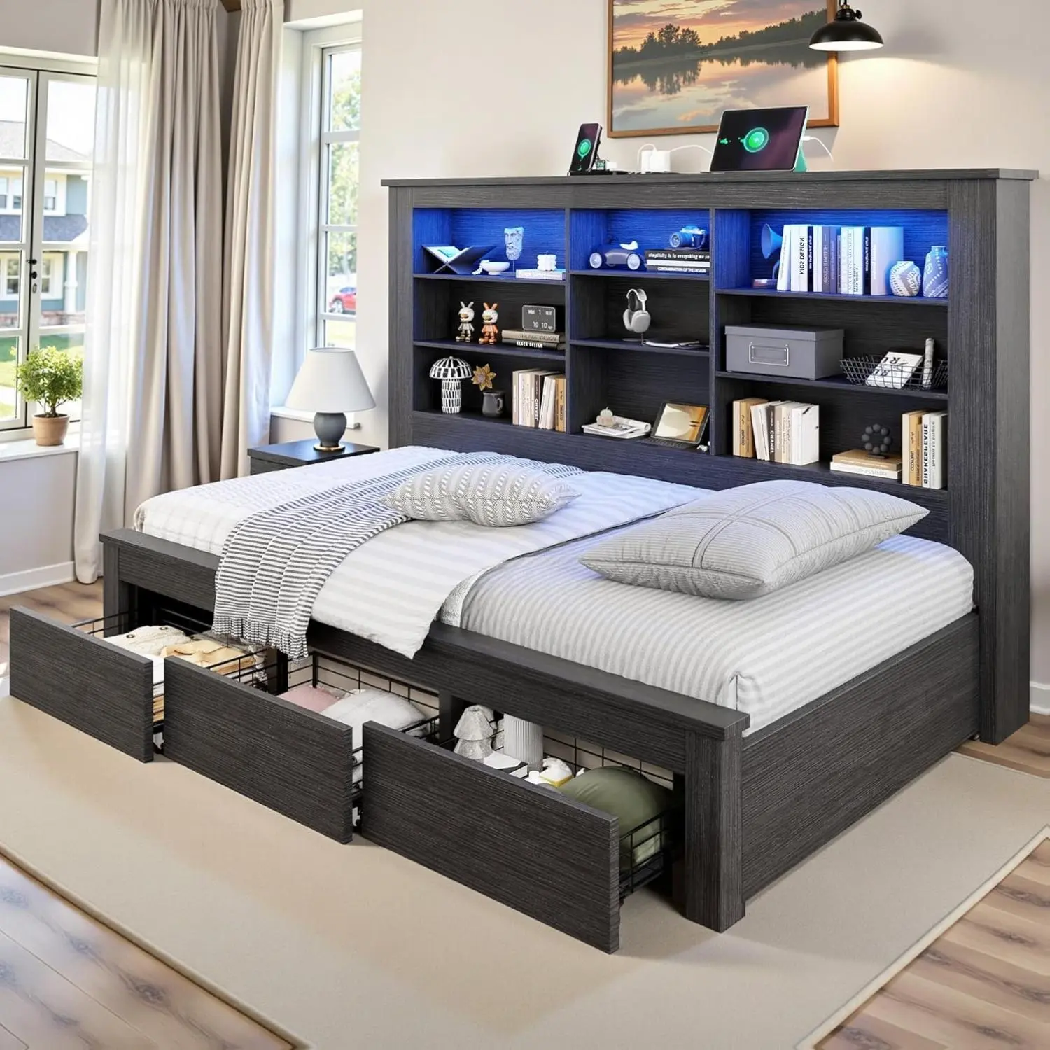 AMERLIFE Twin Daybed with Bookcase Headboard, USB-C Charging, RGB Lights & 3 Drawers, No Box Spring Needed, Farmhouse Wood Bed Frame for Teens, Dorms, Guest Room, Black/Best Gift Ideas/Christmas Gifts[tiktokshopbacktoschool][SohoChic]