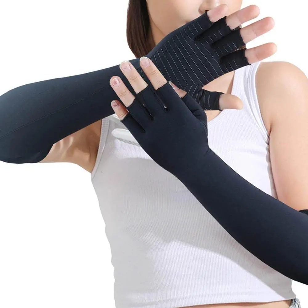 Copper Fiber Long Sleeve Half Finger Design Compression Gloves, Fingerless Compression Hand Enhanced Support Sleeves, Suitable for Men and Women, Unisex Fit, for Work, Computer Typing, Work and Typing Tasks, Copper Infusion, Relieve Pain