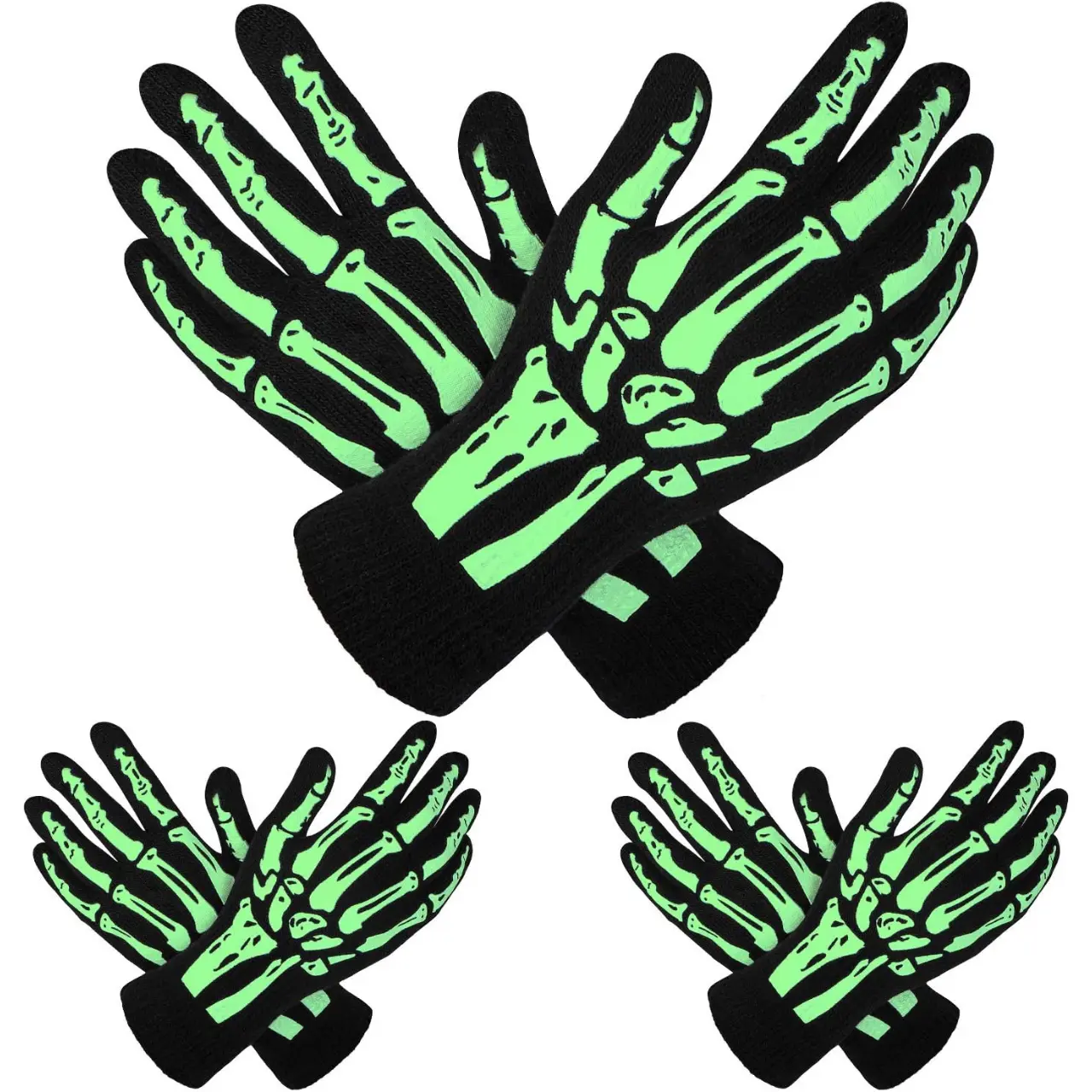 3 Pairs Glow in the Dark Full Finger Skeleton Gloves Halloween Skull Bone Gloves