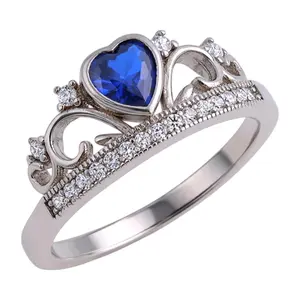 Sterling Silver Blue Sapphire Cubic Zirconia Heart Crown Ring