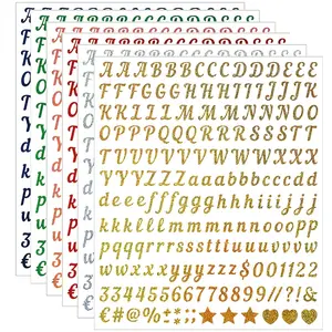 6 Sheets 0.5in Colorful Glitter Sand Letter Number Stickers Set, Alphabet Stickers, Golden Silvery Blue Self-Adhesive, DIY Crafts Decorations