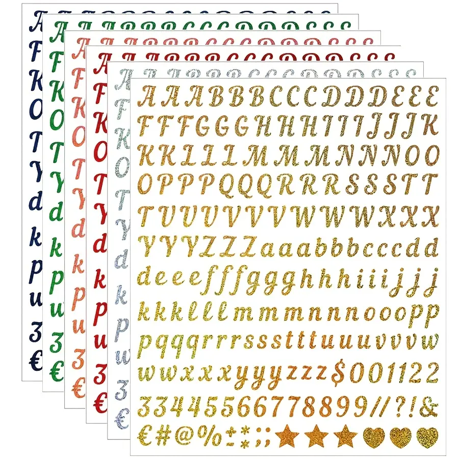 6 Sheets 0.5in Colorful Glitter Sand Letter Number Stickers Set, Alphabet Stickers, Golden Silvery Blue Self-Adhesive, DIY Crafts Decorations, DIY Decorative Stickers
