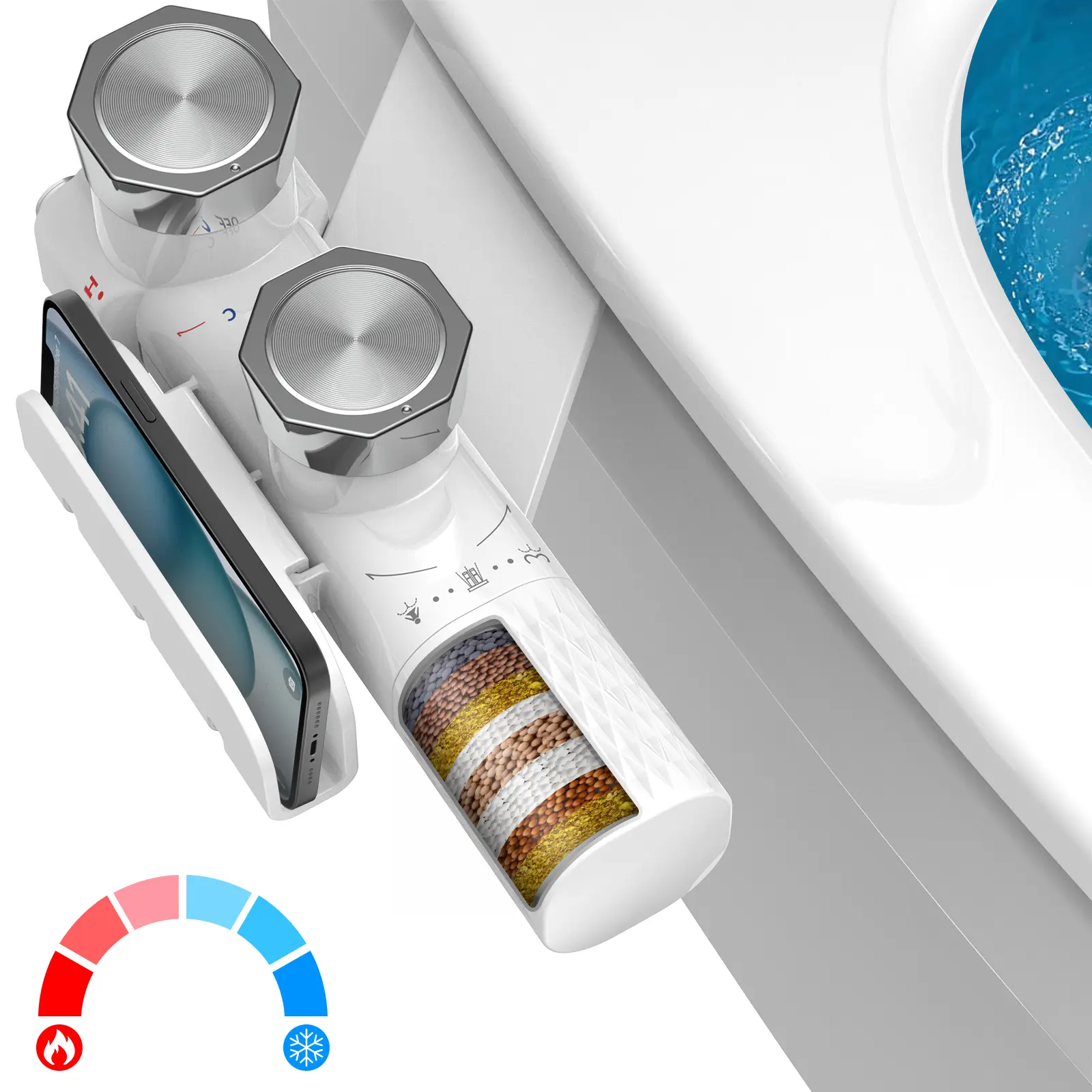 Non-Electric Bidet Toilet Seat Attachment for First Time Users, Modern Bidet Sprayer with Filter System, 3 Spray Modes, Self-Cleaning Nozzle, Adjustable Water Temp-Pressure, Rear-Feminine Wash, Phone Holder, Indoor Use, Kit Packaged, Easy Install