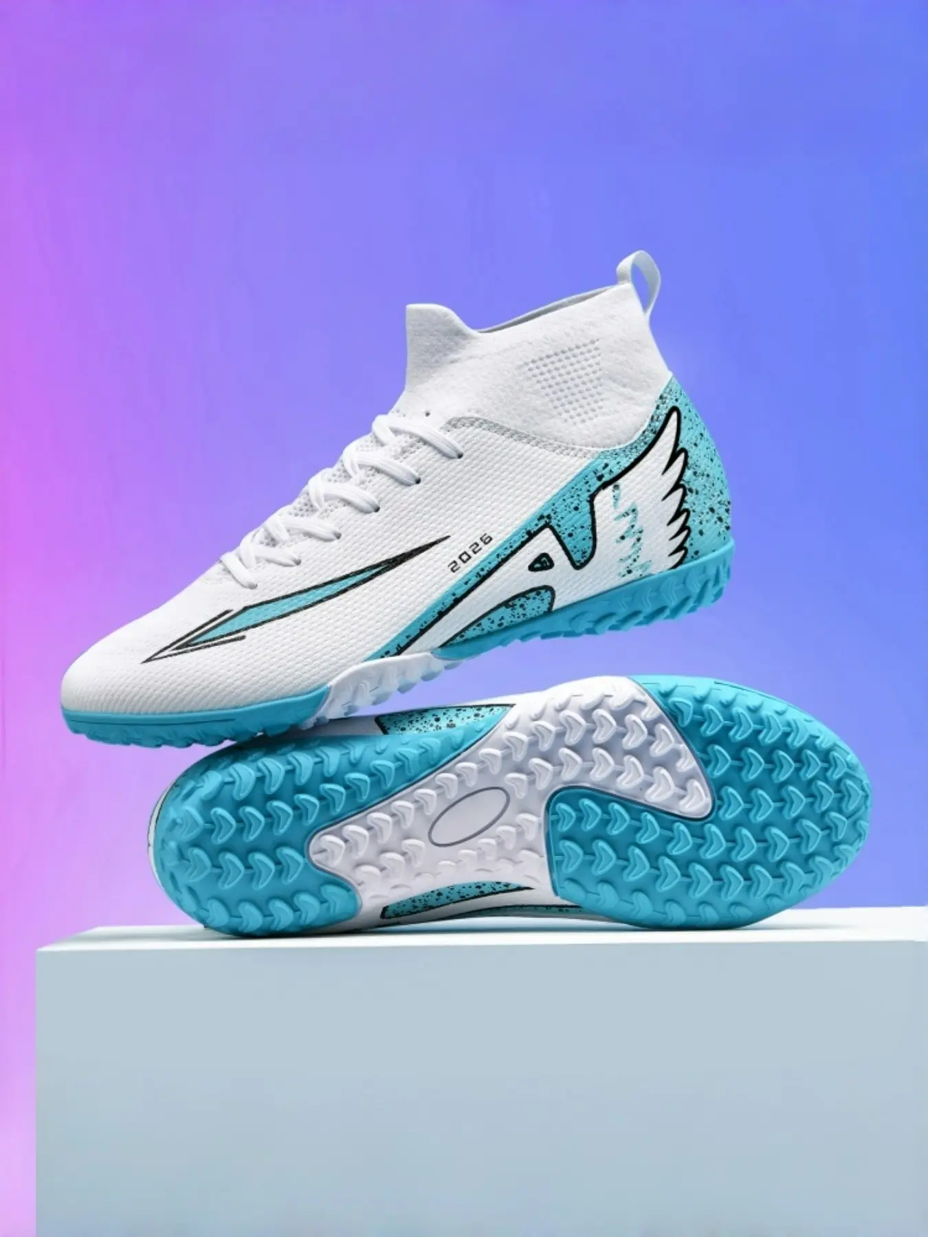 Men Women High Top Sports Football Shoes, Anti-Slip Durable Outdoor Lawn Soccer Shoes, Super Grip Support, Fashionable Upper Material PU, TF Soccer Shoes, Soccer Boots