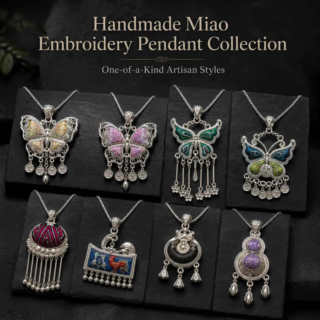 Women's Handmade Miao Embroidery Pendant Necklace, Boho Tassel Chain, Ethnic Costume Jewelry Gift