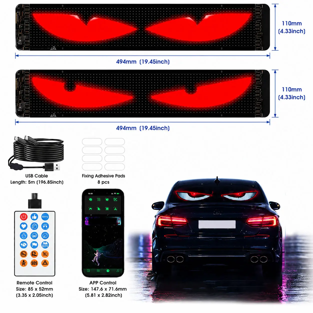 Large Size Programmable Devil Eyes Light for Car & Truck, Colorful LED Soft Screen, Devil'S Eye Headlight, USB Power Supply, for Parties, Commercial Logos, Christmas And Halloween Decoration