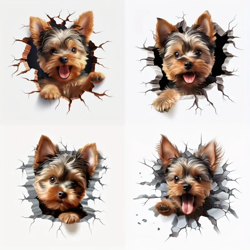 3D Yorkshire Terrier Crack Hole Car Stickers for Auto Window Body DIY Automobile Styling Funny Removable Decals