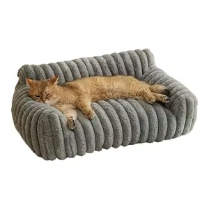 Cute Cat Couch for Pets - Fluffy Cat Sofa with Premium Soft Corduroy Fleece, Fuzzy Pet Couch Bed with Removable Washable Cover, Supportive Pet Chair for Indoor Cats, 24inch, Warm Grey