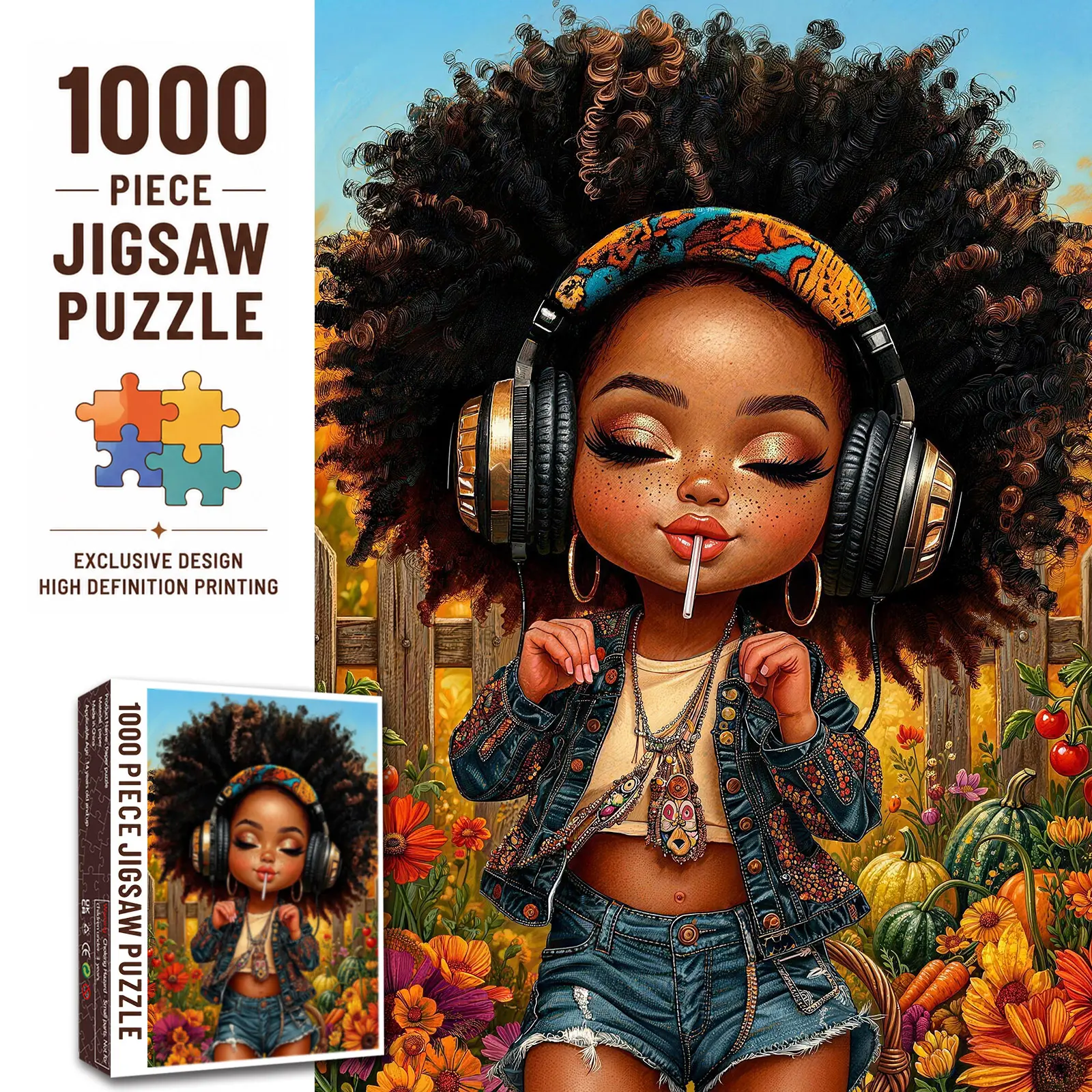 Walarky Afro Music Girl 1000 Pieces Jigsaw Puzzle for Adults, Cute Headphone Fashion Portrait Puzzle, Relaxing Brain Challenge Family Game, Gift for Music Lovers Seniors, Wall Decor 27.5x20inch(70x50cm)