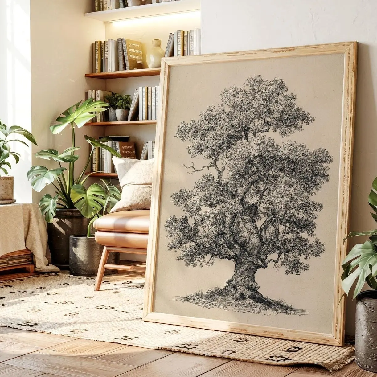 Vintage Oak Tree Wall Art, Botanical Woodland Print, Rustic Farmhouse Decor L