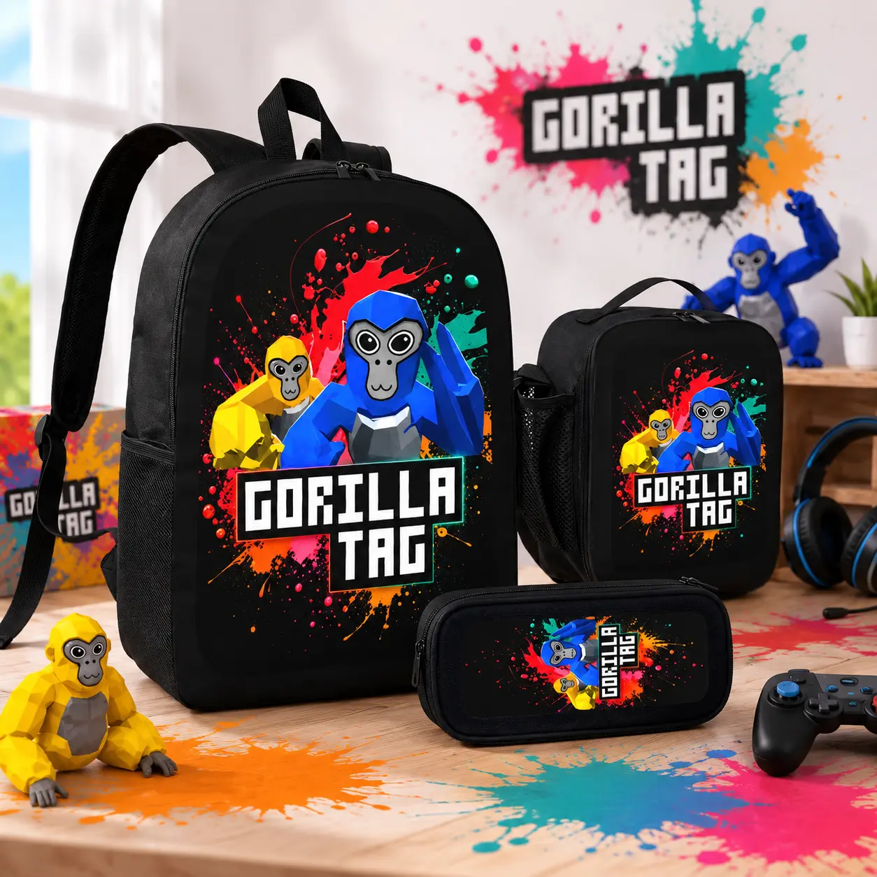 Unisex Gorilla Tag 3PCS Backpack Set with Lunch Bag, Pencil Case, Zippers, Lightweight Travel Daypack, Game-Style Carry Bundle, Reinforced Stitch Detail, Comfortable Shoulder Straps
