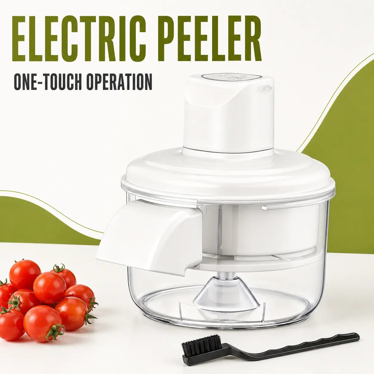 Electric Fruit Peeler, 1-Touch Automatic Power Peeling Tool, Compact Countertop Prep Tool for Cherry Tomatoes, Grapes, Garlic, with Separate Peel Collection Tray and Cleaning Brush
