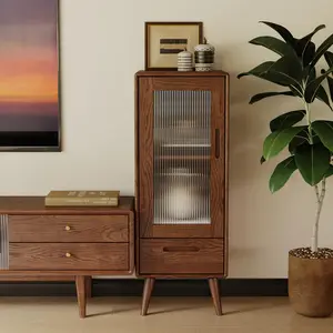 Wayshome 100% Solid Oak Storage Cabinet, Mid Century Modern Buffet Cabinet with Drawer, Wooden Sideboard with Door and Adjustable Shelves for Living Room, Kitchen, Bedroom(12.6" D x 14.9" W x 39.3" H, Walnut)