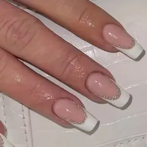 Pure Color Glitter French Press-On Nails 24pcs/box, Acrylic Press On, Medium Square Shape, Glossy Finish, Durable, Easy Application, Beauty Lovers