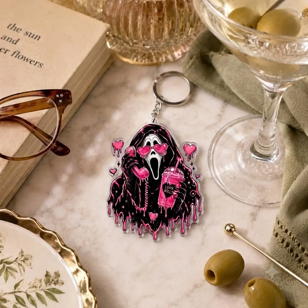 Pink Ghostface Acrylic Keychain, Aesthetic Horror Movie Charm with Heart Glasses, Unique Gift for Horror and Valentine Lovers