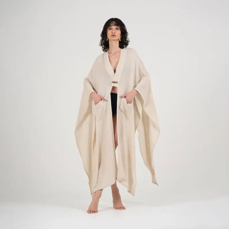 Elaine Beige Linen Kimono Beach Cover-Up - One Size