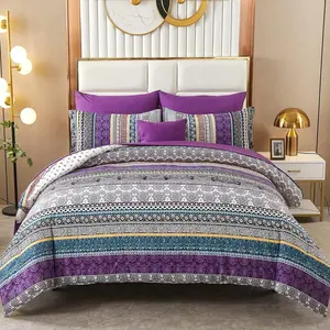 Boho Comforter Set King Size 8 Piece Bed in a Bag Bohemian Striped Bedding Set Purple Paisley Floral Comforter and Sheet Set,Soft Microfiber Complete Bedding Sets for All Season