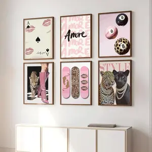 6pcs/set Unframed Pink Leopard Cheetah Animal Canvas Painting Wall Art Lucky 8 Ball Print Poster Modern Living Room Bedroom Decor Vibrant Patterns Artistic