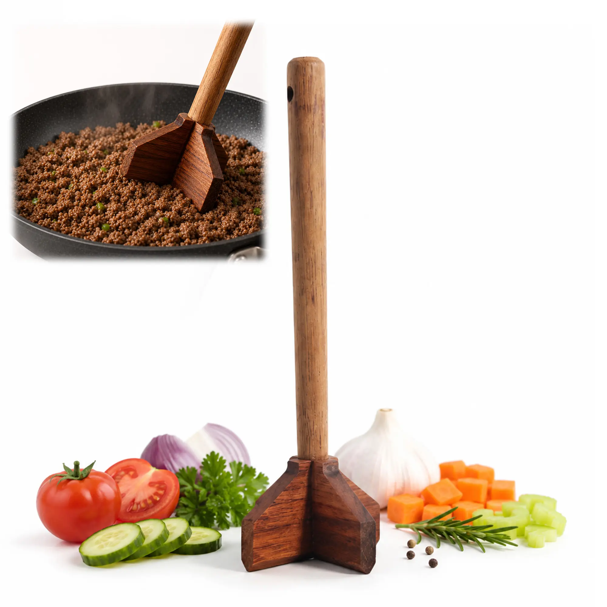 HI-REEKE Teak Wooden Meat Chopper for Ground Beef, Hamburger Masher Works with Nonstick for Kitchen