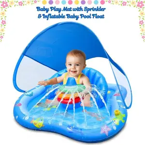 Baby Play Mat with Sprinkler & Inflatable Baby Pool Float – Toddler Splash Pad Outdoor Water Play Toy with Canopy, Backrest & Stackable Rings, Backyard Summer Fun Game