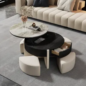 31.5" Faux Marble Round Lift Top White Coffee Table with 4 Hidden Seats for Living Room，with Drawers