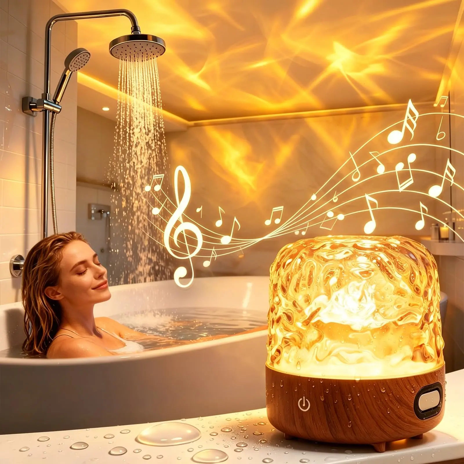 Waterproof Shower LED Light with Bluetooth Speaker, 16-Color Ocean Wave Projector, White Noise & Remote/Touch Control Desktop Mount, Specialty Decorative Night Light for Bathroom Bathtub