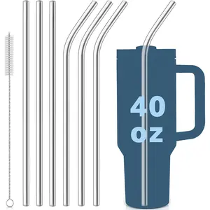 6pcs Stainless Steel Replacement Straw Set for Stanley Cup, Including 3 Straight Straws & 3 Bent Straws, Reusable Long Straw with Cleaning Brush, Utensils