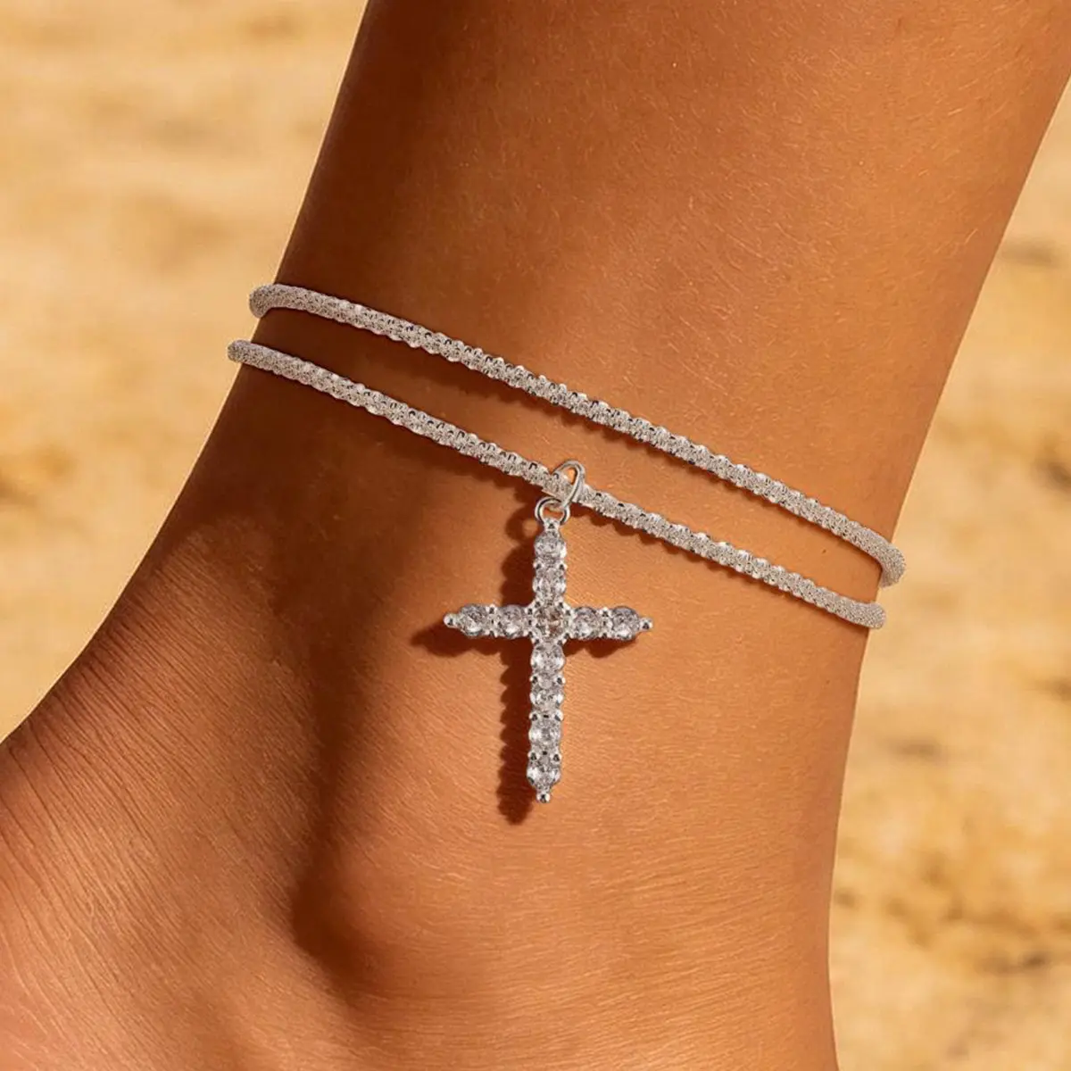 Aplomb Jewelry Double Wrap Anklet for Women, Dainty Sparkling Rhinestone Cross Charm Ankle Bracelet, Waterproof Layered Foot Chain Summer Beach Jewelry Gift