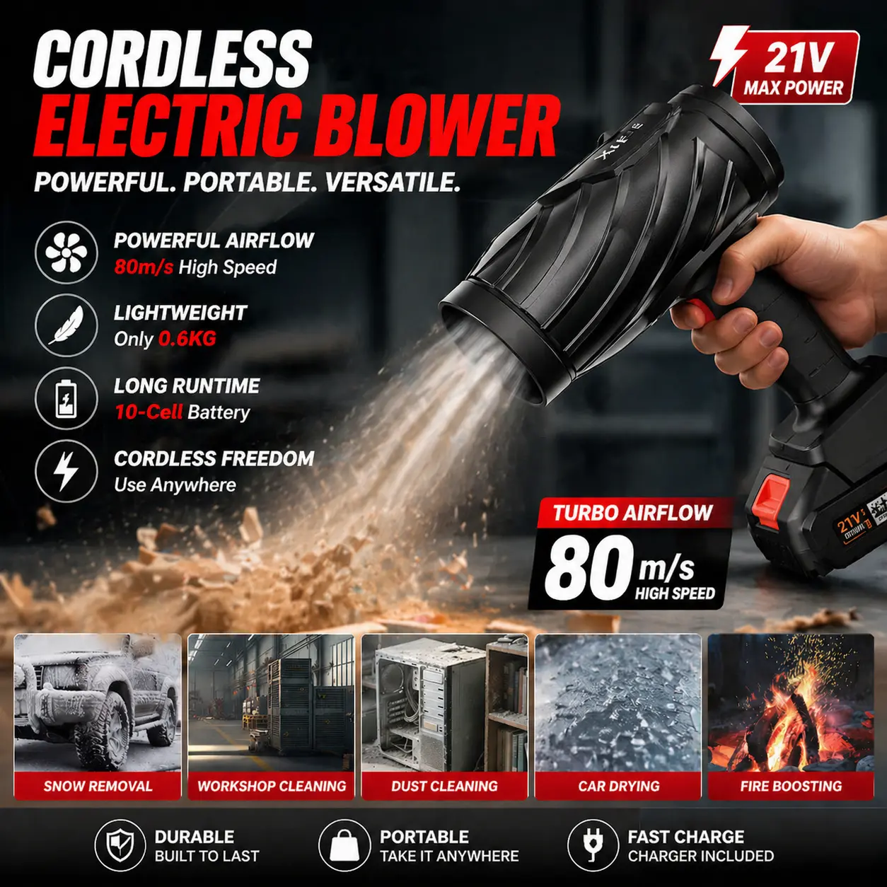 Cordless Turbo Hair Dryer - Portable, Fast-Drying, Low-Noise Personal Care Appliance for Home, Travel and Pet Grooming (Turbo Car Dryer Compatible)