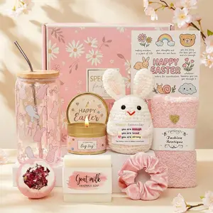 Easter Gifts for Teen Girls, Easter Basket Stuffers for Adults, Self Care Gift Basket with Bunny Affirmation Card, 16oz Iced Coffee Cup, Scented Candle Spa Set