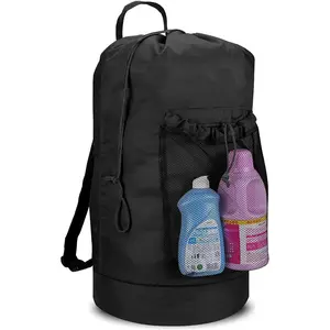Backpack Laundry Bag, Laundry Backpack with Shoulder Straps and Mesh Pocket Durable Nylon Clothes Hamper Bag with Drawstring Closure for College, Travel, Laundromat, Apartment