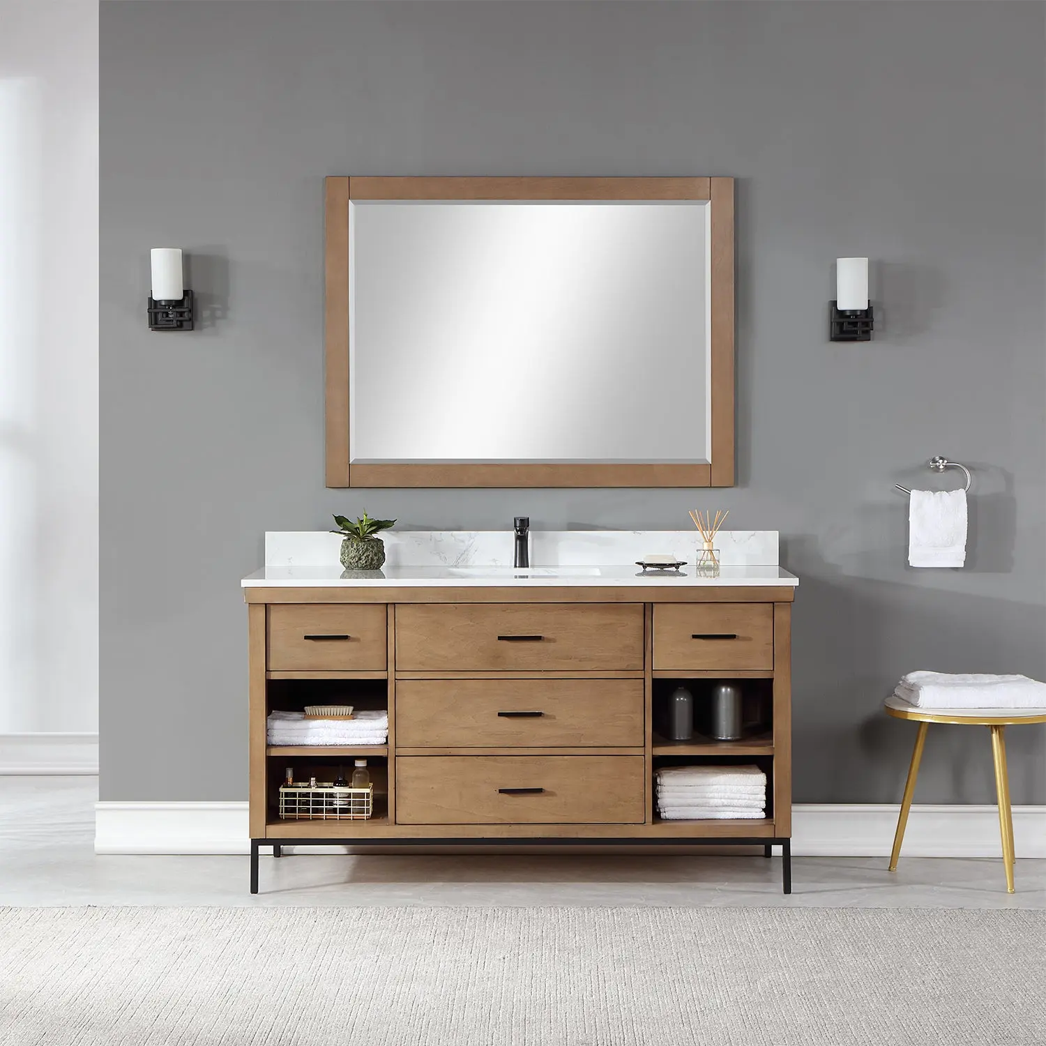 Altair Design Kesia 60" Single Bathroom Vanity Set in Brown Pine with Aosta White Composite Stone Countertop