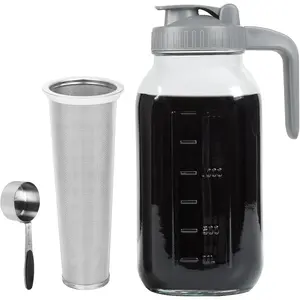 64 OZ Cold Brew Coffee Maker Pitcher, Heavy Duty Glass Wide Mouth Mason Jar with Pour Spout Airtight Lid Stainless Steel Infuser Filter for Iced Coffee and Ice Tea Brewing