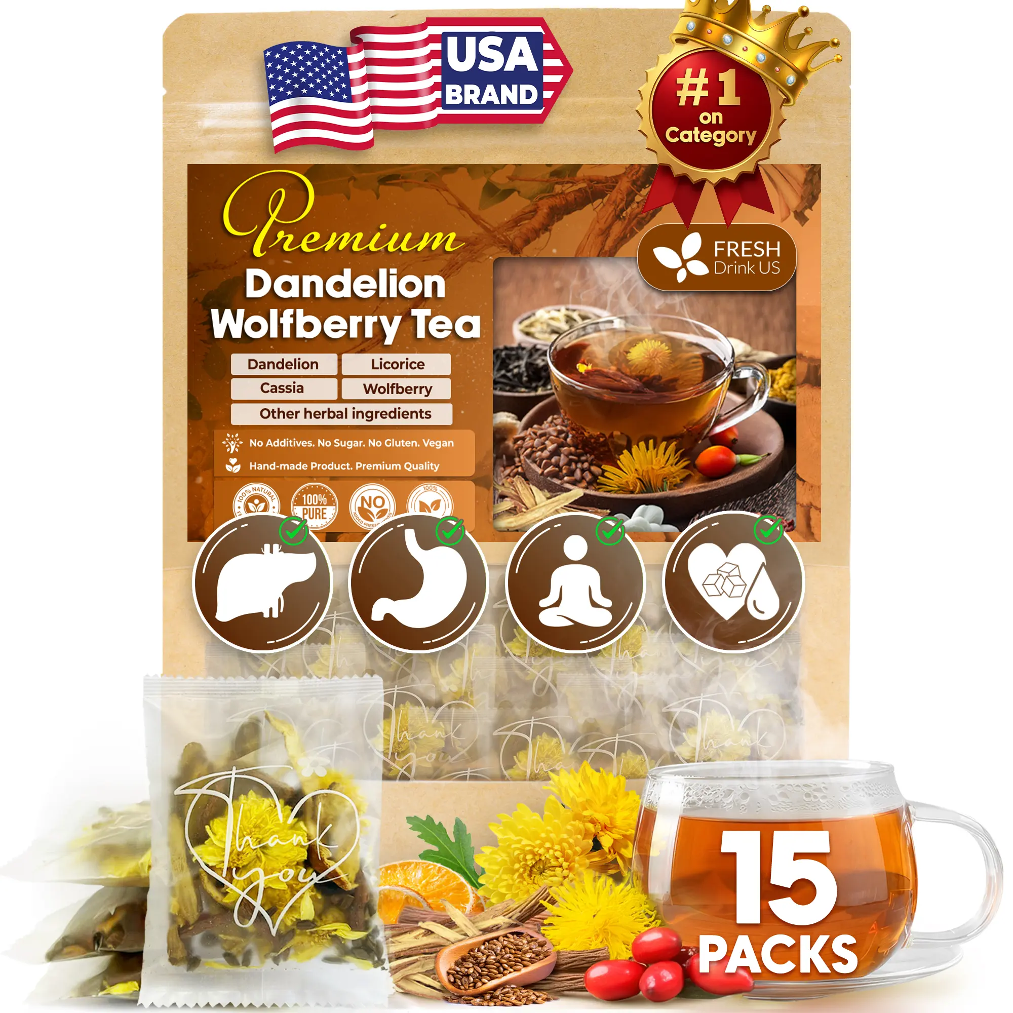 【FreshDrinkUS】 Liver and Kidney Cleanse Tea - a Natural Hand-picked dandelion, cassia, wolfberry, licorice, gardenia, chrysanthemum Organic Herbs, Edible corn fiber tea bags, Beverage Natural