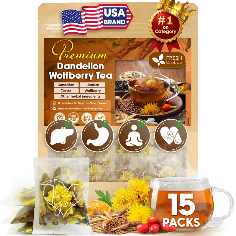 【FreshDrinkUS】 Liver and Kidney Cleanse Tea - a Natural Hand-picked dandelion, cassia, wolfberry, licorice, gardenia, chrysanthemum Organic Herbs, Edible corn fiber tea bags, Beverage Natural