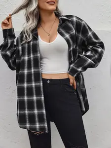 Womens Plus Size Flannel Plaid Shacket Long Sleeve Button Down Chest Shirts Top Womenswear Top Womenswear